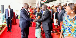 President William Ruto greets DP Rigathi Gachagua at Uhuru Gardens during the Madhujaa Day Celebrations on Thirsday, October 20,2022.