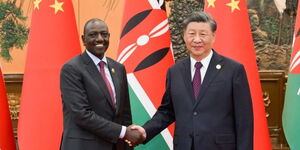 President William Ruto shaking hands with his Chinese counterpart Xi Jinping on October 18, 2023