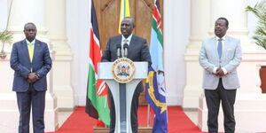 President William Ruto, Deputy President Rigathi Gacahgua and Chief Cabinet Minister Musalia Mudavadi announcing the nominees to his cabinet at State House Nairobi on Tuesday, September 27, 2022.