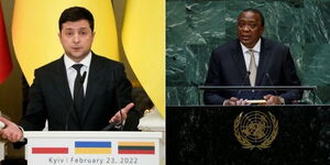 A collage of Ukraine President Volodymyr Zelenskyy and President Uhuru Kenyatta.