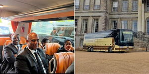 An image of President William Ruto on a bus (left) and a parked Richmond coach (right)