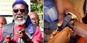 Presidential candidate George Wajackoyah (right) and the politician gifting his lookalike an expensive watch.