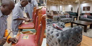 Photo collage between prisoners making chairs and a fully furnished house with sofa sets and a chair