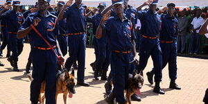 Private security guards marching during Labour Day celebrations at Jomo Kenyatta Sports Ground in Kisumu County on May 1, 2018.