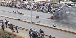 Protestors pictured along Thika Superhighway in Githurai.