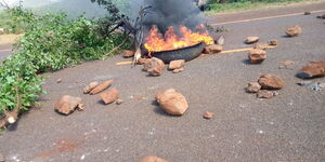 A tire set on fire in Karare, Marsabit county on June 9, 2020 during a protest