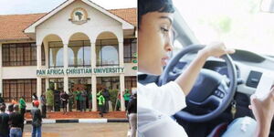 A photo collage of PAC University (left) and a driver using a smartphone (right).