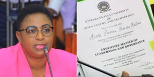 Public Service CS Nominee Aisha Jumwa appears before Parliament for vetting (left) and a copy of her JKUAT certificate.