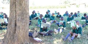 Pupils learn under a tree at Mweiga Primary School in Nyeri on January 4, 2021.