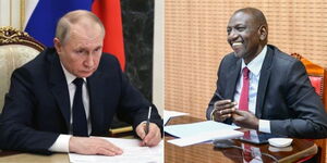 A collage of President William Ruto (right) at State House on April 16, 2023, and President of Russia Vladimir Putin (left) at the Kremlin on March 10, 2022.