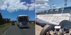 A screengrab of the dashcam capturing the Pwani bus accident minutes before the accident in Naivasha, (left) and the scene of the accident.