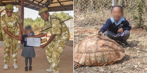 Photo collage of Mukiri Kiburi receiving recognition from Kenya Wildlife Services officers on Friday February 24, 2023