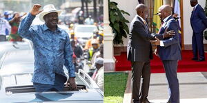 A collage of Raila Odinga and President William Ruto (left) embracing Lang'ata MP Phelix Odiwuor - Jalang'o - at State House, Nairobi on Tuesday, February 7, 2023.