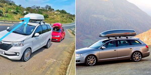Photo collage of a parked cars fitted with roof boxes 