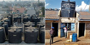 A photo collage of rooftop water tanks installed in separate buildings within Nairobi County.