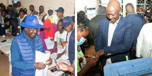 From left, Azimio La Umoja flag bearer Raila Odinga and Kenya Kwanza's Deputy President William Ruto while at polling station casting their ballots on August 9, 2022.