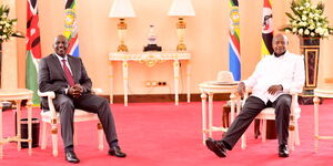 President William Ruto together with Yoweri Museveni of Uganda at a meeting at State House Uganda on October 9, 2022.