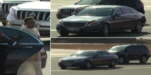 A collage image of First Lady Rachel Ruto alighting from the Mercedes Benz S-Class (W222)  and the vehicle at JKIA on February 25, 2023.