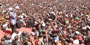 Azimio Leader Raila Odinga addressing crowd at Jacaranda Grounds on Sunday, January 29, 2023.