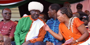 (From left) Meru Governor Kiraitu Murungi, AU envoy Raila Odinga, Agriculture CS Peter Munya and Kirinyaga Governor Anne Waiguru at Kinoru Stadium, Meru County on Saturday, February 29, 2020