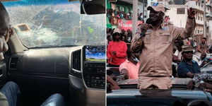 The windscreen of Former Prime Minister Raila Odinga's bulletproof car (left) and the ODM boss addressing his supporters on March 20, 2023.