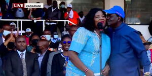 Mama Ida Odinga and her husband Raila Odinga at Kasarani Stadium during Azimio la Umoja national convention on Friday, December 10, 2021