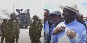 A photo collage of police and former Prime Minister Raila Odinga at the Mavoko demolitions on October 17,  2023.
