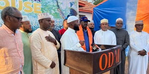 Azimio La Umoja Presidential candidate & ODM Party leader Raila Odinga with Governor Hassan Joho, Politician Suleiman Shabal, MP Junet Mohamed and MP Abdulswamad Nassir on Friday, April 15, 2022.