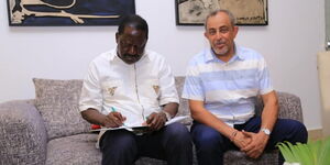 Raila Odinga (left) with Suleiman Shahbal (right) in Mombasa County, on Wednesday, March 18, 2020