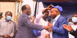 Raila Odinga officially welcomes Kakamega County Deputy Governor-elect Ayub Savula to Azimio at the Bukhungu Stadium on December 31, 2021.