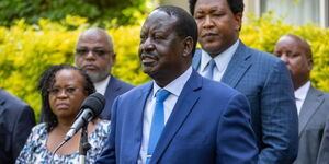 Former Prime Minister Raila Odinga addressing the media after meeting Azimio Senators in Nairobi on February 15, 2023.