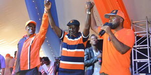 Raila Odinga (center), Kakamega governor Wycliffe Oparanya and Mombasa Governor HassaN Joho