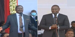 Azimio La Umoja-One Kenya presidential aspirants Raila Odinga (left) and his United Democratic (UDA) counterpart, Deputy President William Ruto (right) at the State Funeral of the late head of state, Mwai Kibaki on Friday, April 29, 2022.