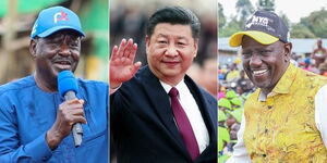 From left: Azimio La Umoja flagbearer Raila Odinga, China's President Xi Jinping and Deputy President William Ruto