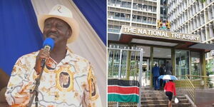 A photo collage of Former Prime Minister Raila Odinga speaking in Kakamega on February 25, 2023 (left) and the National Treasury building in Nairobi (right).