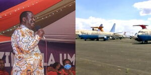 A Photo Collage of ODM Leader Raila Odinga and Planes Being Auctioned by KAA on Thursday November 18, 2021