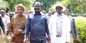 From Left; Nyandarua Governor Francis Kimemia, ODM Leader Raila Odinga and Meru Governor Kiraitu Murungi arriving at the Mt Kenya delegates meeting on Friday, February 28