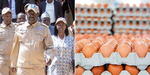 A photo collage of Former Prime Minister Raila Odinga, Narc Kenya Leader Martha Karua and Jubilee SG Jeremiah Kioni on March 9, 2023(left) and crates of eggs (right).