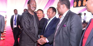Former Prime Minister Raila Odinga greets ANC leader Musalia Mudavadi in Tigoni, Kiambu County, on Tuesday, March 3, 2020.