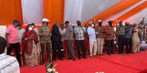 Orange Democratic Movement (ODM) leader, Raila Odinga with CS Ukur Yatani and Governors Ali Korane (Garissa), Wycliffe Oparanya (Kakamega), Lee Kinyanjui (Nakuru) in Isiolo on Saturday, October 16, 2021.