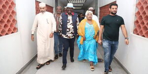 Azimio Leader Raila Odinga (second left) flanked by Mombasa Governor Abdulswamad Nassir (left) and Likoni MP Mishi Mboko (right) in Mombasa on Saturday, March 11.