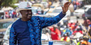 ODM Party leader Raila Odinga making an entry into Ihura Stadium in Murang'a on Saturday January 29, 2022