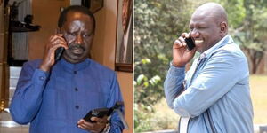 A collage image of Former Prime Minister Raila Odinga (left) and President-elect Willian Ruto on a phone call.