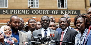 Undated image of ODM leader Raila Odinga addressing the media outside the Supreme Court building