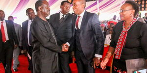 Orange Democratic Movement (ODM) leader Raila Odinga shakes hands with Kiambu Senator Kimani Wamatangi in Tigoni, Kiambu on February 3, 2020
