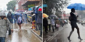 A photo collage showing a section of Kenyans walking in the rain.