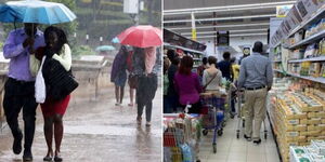 A photo collage of Nairobians using an umbrella during rain (left) and city residents shopping at a supermarket(left).