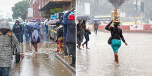 A photo collage showing a section of Kenyans walking in the rain.