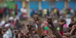 Raised fists at a rally.