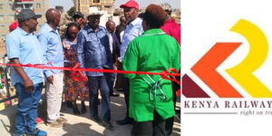A collage of Raila Odinga commissioning Githurai footbridge on February 24, 2023(Left), and the Kenya railways Logo(Right)